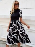 Kadın Kısa Kollu Yarı Balıkçı Yaka üst Viskon Alt Desenli Dokuma Midi Elbise - Görsel 8