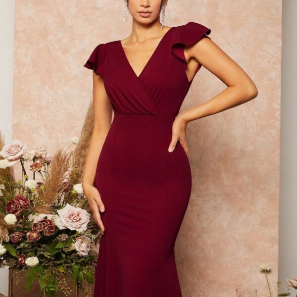 Kadın Kısa Kelebek Kollu Kruvaze Yaka Ithal Krep Midi Elbise