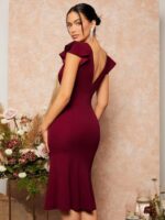 Kadın Kısa Kelebek Kollu Kruvaze Yaka Ithal Krep Midi Elbise - Görsel 4