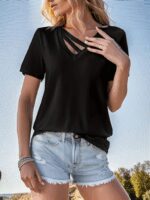 Kadın Kısa Kollu V Yaka şerit Detay Viskon Bluz - Görsel 4