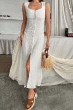 KETEN KOLSUZ KARE YAKA DÜĞME DETAYLI ELBİSE - Görsel 2