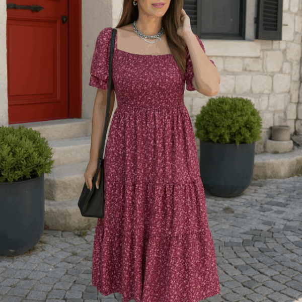 Kadın Kısa Kollu Gipe Detaylı Desenli Midi Süprem Elbise