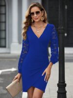 Kadın Uzun Kollu Kruvaze Yaka Beli Düğme Detay Krep Elbise - Görsel 3