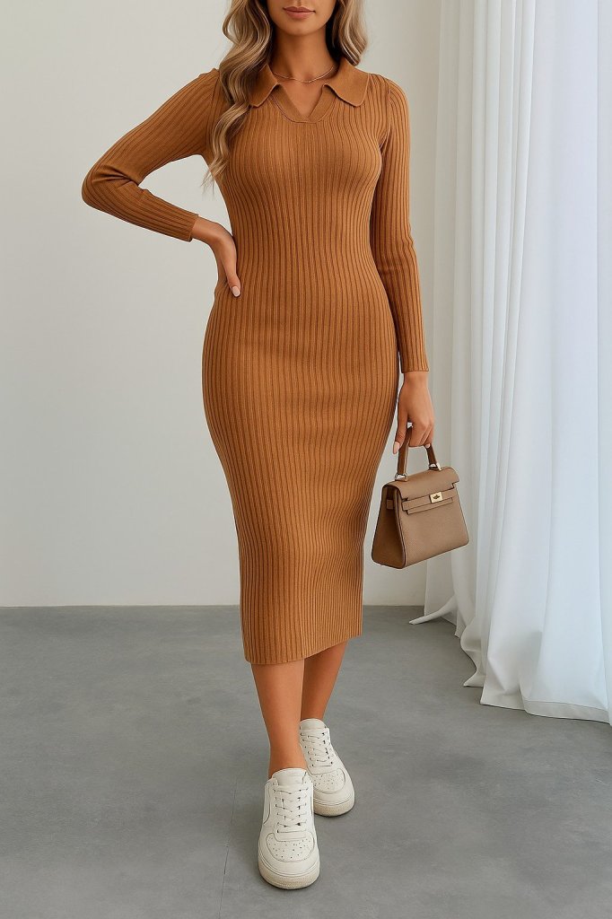 33ece192e9ee26d1d12d5cdb6bda57a8_26055-0.jpeg Kadın Uzun Kollu Yakalı Triko Elbise - Görsel 1