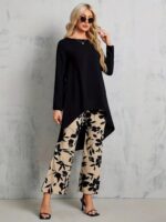 Kadın Uzun Kollu Bisiklet Yaka Asimetrik Kesim Detaylı Viskon Bluz Ve çiçek Desenli Iki Iplik Pantolon - Görsel 4