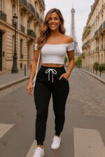 Kadın Kısa Kollu Madonna Yaka Viskon Crop Bluz Cepli Iki Iplik Eşofman Takım