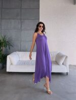 Kadın çan Dokuma Kumaş V Yaka Asimetrik Kesim Elbise - Görsel 5