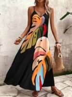 Kadın Ip Askılı V Yakalı Desenli Süprem Maxi Elbise