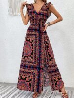 Kadın Kısa Kollu V Yakalı Deseni Yırtmaçlı Süprem Elbise - Görsel 5