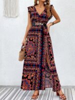 Kadın Kısa Kollu V Yakalı Deseni Yırtmaçlı Süprem Elbise - Görsel 6