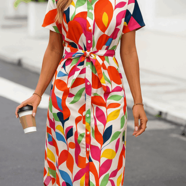 Kadın Kısa Kollu Yakalı önü Düğmeli önden Drapeli Desenli Süprem Elbise