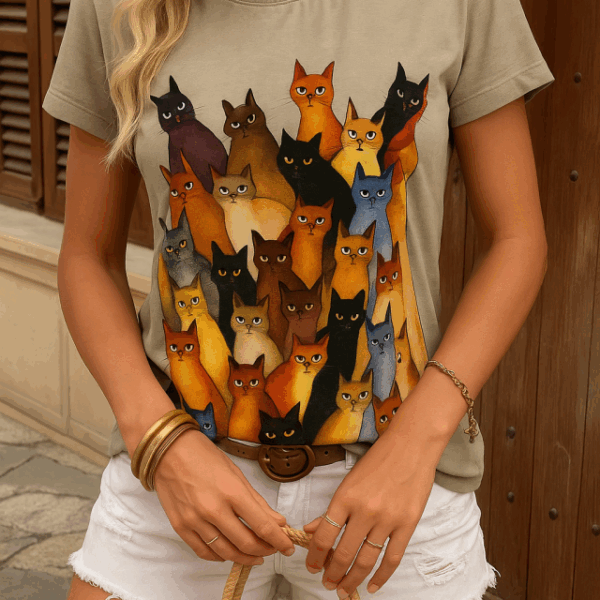 Kadın Kısa Kollu Bisiklet Yaka Kedi Desenli Süprem Bluz