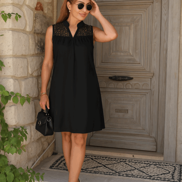 Kadın Kolsuz V Hakim Yaka Dantelli Janjan Krep Elbise