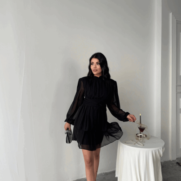 ŞİFON KATLI UZUN KOL ELBİSE