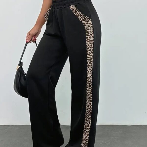 Kadın Yüksek Bel Bağcıklı Yanları Leopar Desenli Viskon Iki Iplik Pantolon