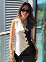 Kadın Sıfır Kol V Yakalı Düğmeli Blok Renkli Atlas Yelek - Görsel 3