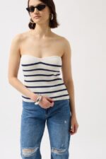 Çizgili Straplez Dokulu Bluz - Görsel 4
