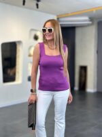Kare Yaka Kalın Askılı Beyaz Triko Bluz - Görsel 2