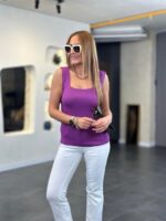 Kare Yaka Kalın Askılı Beyaz Triko Bluz - Görsel 4