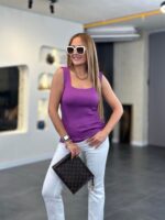 Kare Yaka Kalın Askılı Beyaz Triko Bluz - Görsel 5