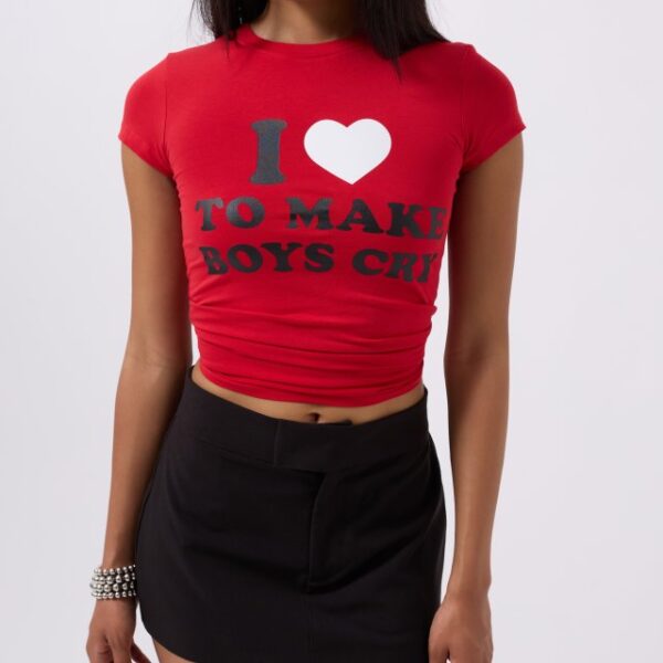 Nakış Detay Baskılı Crop T-Shirt