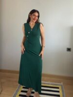 Kadın Kruvaze Yaka Düğme Detay Maxi Boy Elbise