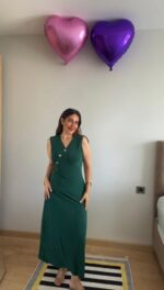 Kadın Kruvaze Yaka Düğme Detay Maxi Boy Elbise - Görsel 2