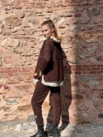 Kadın Kahve Kapşonlu Etek Ucu Detay Arma Ters Dikiş Gorunumlu Ikili Takım - Görsel 3