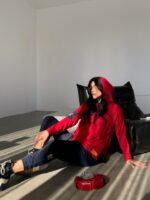 Kadın Kırmızı Kapşonlu Etek Ucu Detay Arma Ters Dikiş Gorunumlu Ikili Takım - Görsel 2