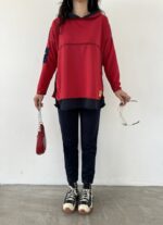 Kadın Kırmızı Kapşonlu Etek Ucu Detay Arma Ters Dikiş Gorunumlu Ikili Takım - Görsel 13