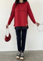 Kadın Kırmızı Kapşonlu Etek Ucu Detay Arma Ters Dikiş Gorunumlu Ikili Takım - Görsel 14