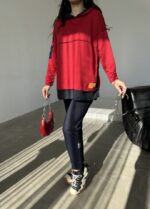 Kadın Kırmızı Kapşonlu Etek Ucu Detay Arma Ters Dikiş Gorunumlu Ikili Takım - Görsel 17