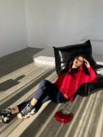 Kadın Kırmızı Kapşonlu Etek Ucu Detay Arma Ters Dikiş Gorunumlu Ikili Takım - Görsel 18