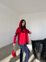 Kadın Kırmızı Kapşonlu Etek Ucu Detay Arma Ters Dikiş Gorunumlu Ikili Takım - Görsel 4