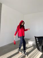 Kadın Kırmızı Kapşonlu Etek Ucu Detay Arma Ters Dikiş Gorunumlu Ikili Takım - Görsel 7