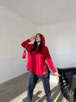 Kadın Kırmızı Kapşonlu Etek Ucu Detay Arma Ters Dikiş Gorunumlu Ikili Takım - Görsel 8