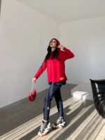 Kadın Kırmızı Kapşonlu Etek Ucu Detay Arma Ters Dikiş Gorunumlu Ikili Takım - Görsel 9