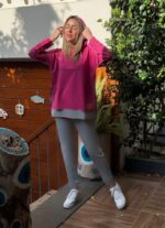 Kadın Pembe Kapşonlu Etek Ucu Detay Arma Ters Dikiş Gorunumlu Ikili Takım - Görsel 5