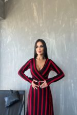 Kadın Akrilik Kumaş Kruvaze Yaka Kemerli Uzun Kollu çizgili Midi Boy Elbise - Görsel 4