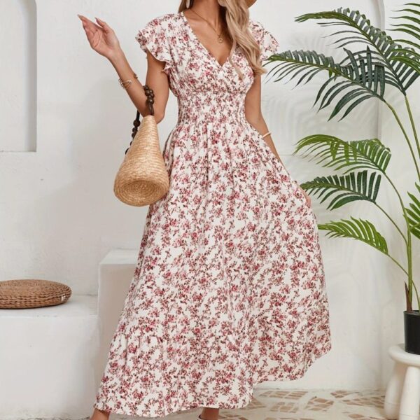 Kadın Kısa Kollu Kruvaze Yaka Beli Lastikli çiçek Desenli Elbise