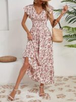 Kadın Kısa Kollu Kruvaze Yaka Beli Lastikli çiçek Desenli Elbise - Görsel 3