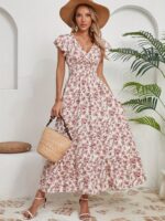 Kadın Kısa Kollu Kruvaze Yaka Beli Lastikli çiçek Desenli Elbise - Görsel 4