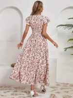 Kadın Kısa Kollu Kruvaze Yaka Beli Lastikli çiçek Desenli Elbise - Görsel 5