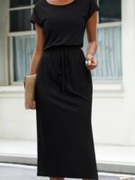 Kadın Kısa Kollu Yakası Açık Belden Kuşaklı Yandan Yırtmaçlı Midi Viskon Elbise - Görsel 2