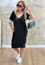 Kadın Kısa Kollu V Yaka Ribana Detaylı Cepli Dizüstü Viskon Elbise - Görsel 2