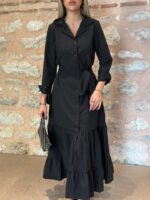 Kadın Uzun Kollu Eteği Fırfırlı Beli Kuşaklı Trikoton Tam Boy Gömlek Elbise - Görsel 2