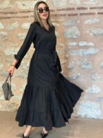 Kadın Uzun Kollu Eteği Fırfırlı Beli Kuşaklı Trikoton Tam Boy Gömlek Elbise - Görsel 3