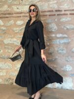 Kadın Uzun Kollu Eteği Fırfırlı Beli Kuşaklı Trikoton Tam Boy Gömlek Elbise - Görsel 4