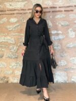 Kadın Uzun Kollu Eteği Fırfırlı Beli Kuşaklı Trikoton Tam Boy Gömlek Elbise - Görsel 5