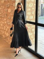 Kadın Uzun Kollu Eteği Fırfırlı Beli Kuşaklı Trikoton Tam Boy Gömlek Elbise - Görsel 6